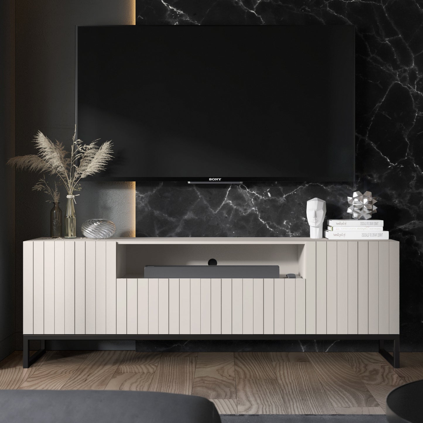 Elpis Glamour Standing TV Cabinet Media Unit with Storage 2D1K 150cm - Cashmere Matt / Black Frame