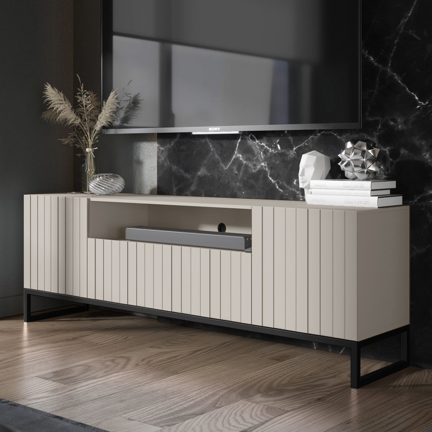 Elpis Glamour Standing TV Cabinet Media Unit with Storage 2D1K 150cm - Cashmere Matt / Black Frame