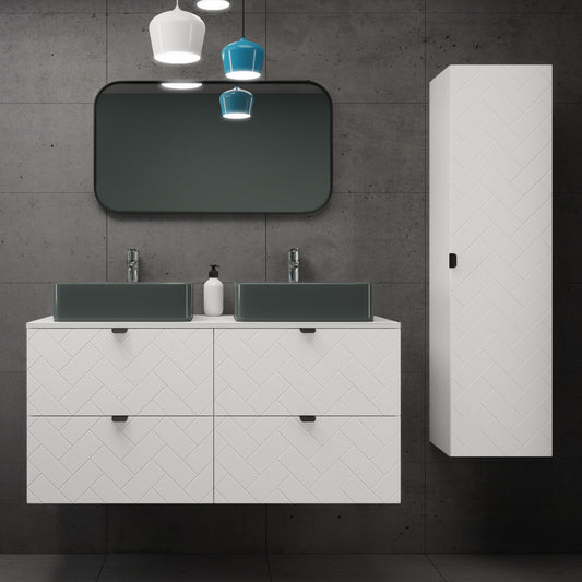Trend Herringbone Pattern Door Bathroom Cabines Vanity Units Set with Worktop 120cm & 35cm - White