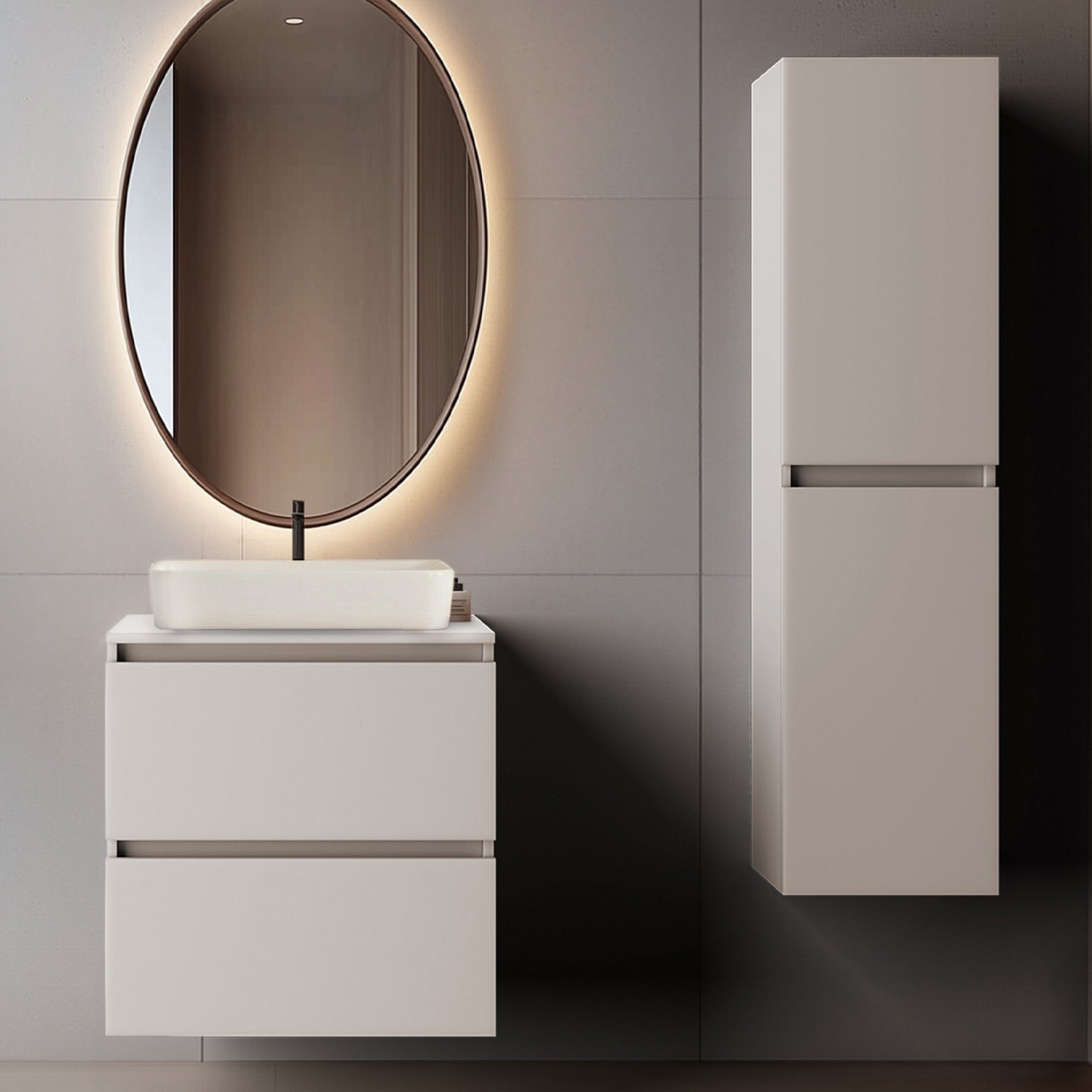 Simple Minimalist Bathroom Vanity Cabinets Set 60cm with Tall Unit & Worktop Basin - Cashmere