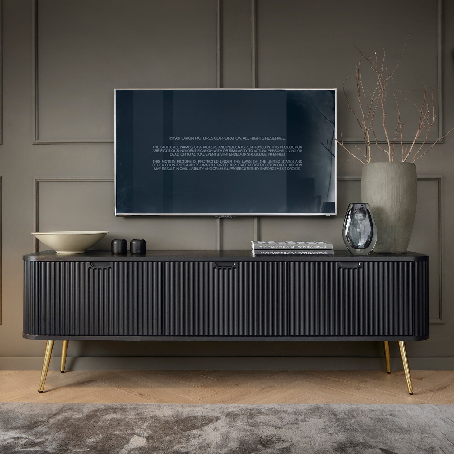 Signe Ribbed Elegant TV Unit - Black / Gold Legs