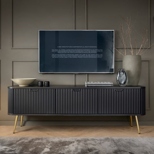 Signe Ribbed Elegant TV Unit - Black / Gold Legs