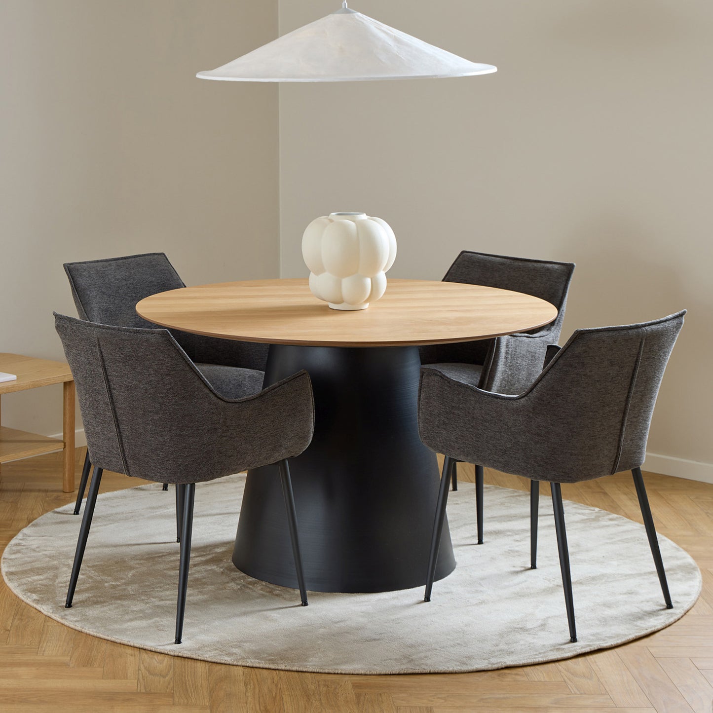 Bosco Dining Table Round Modern Steel Base & Wood Veneer - Natural Oak / Black