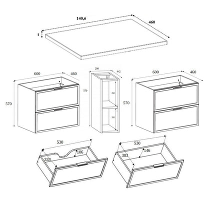 Simple Modern 4 Drawer Bathroom Cabinet Vanity Unit with Extra Storage 140cm with Worktop - Cashmere