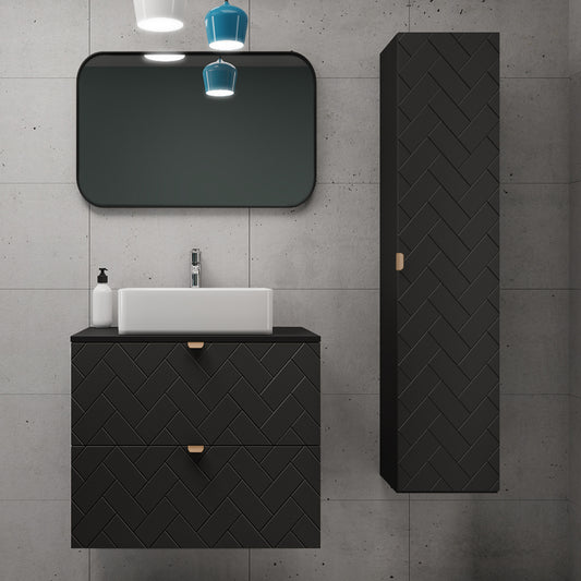 Trend Herringbone Pattern Door Bathroom Cabines Vanity Units Set with Worktop 60cm & 35cm - Black