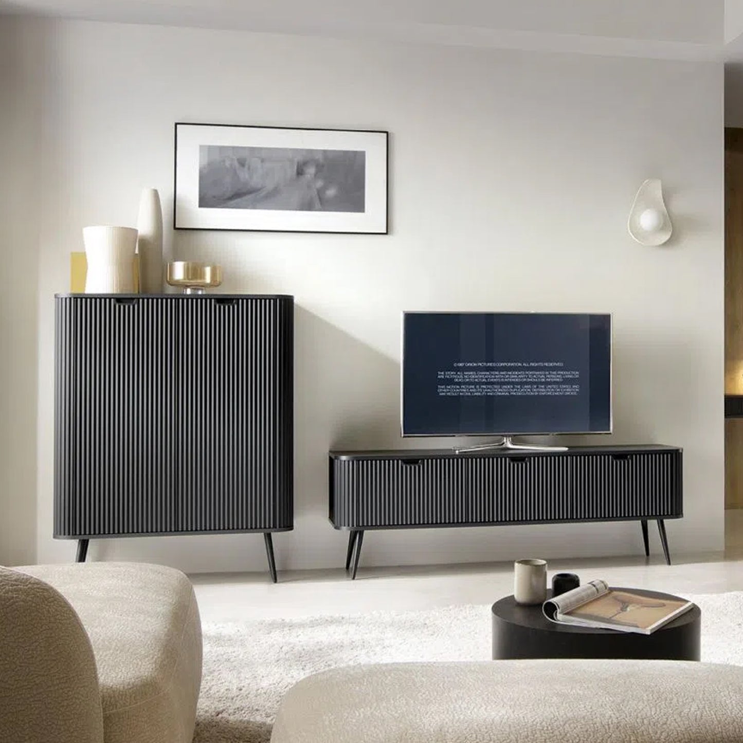 Signe Ribbed Elegant TV Unit - Black / Gold Legs