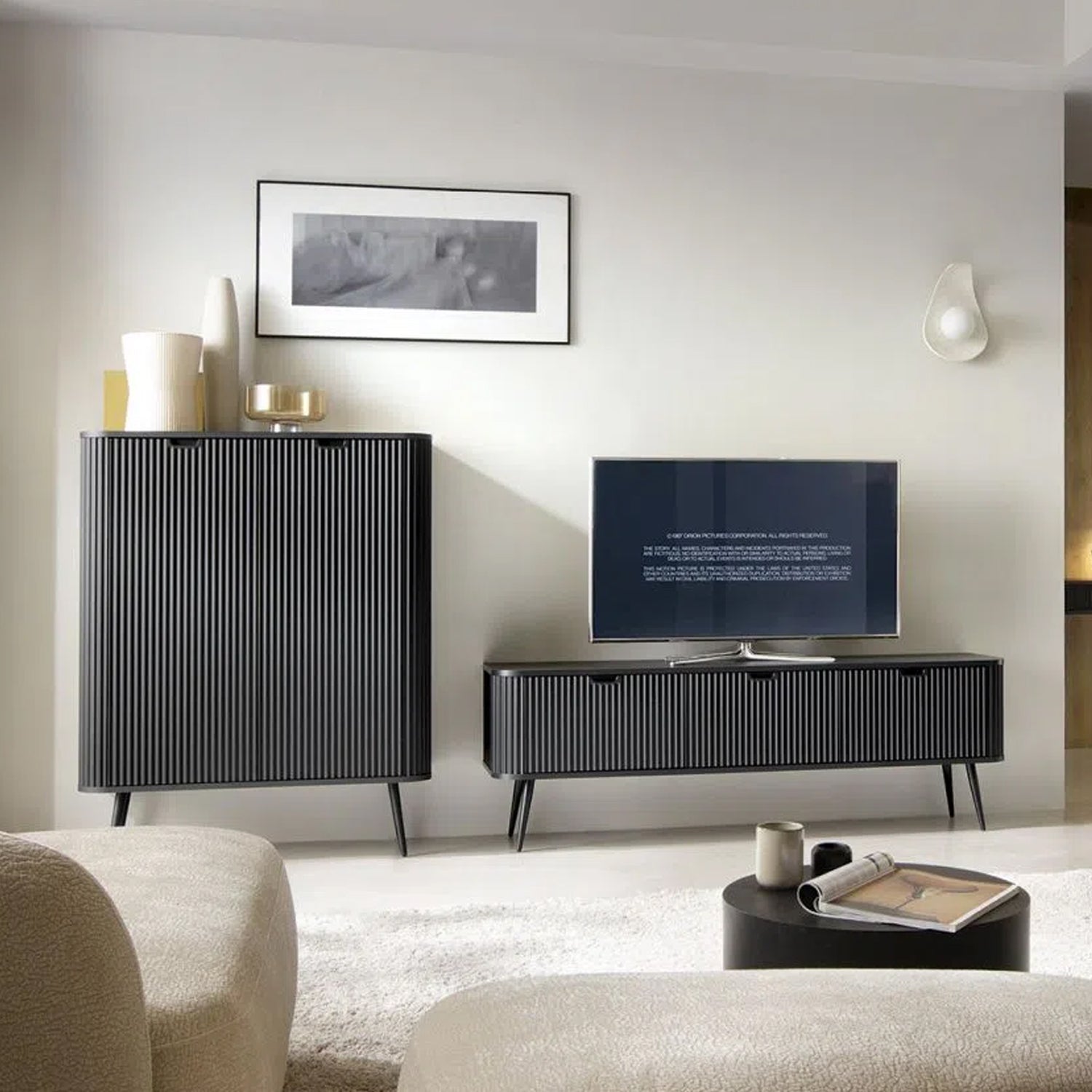 Signe Ribbed Elegant TV Unit - Black / Gold Legs