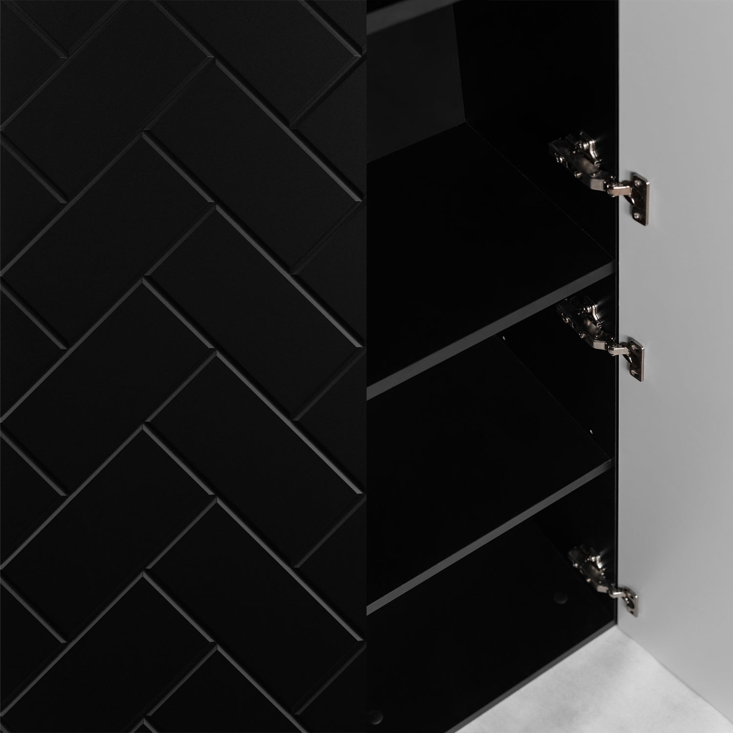 Trend Herringbone Pattern Door Bathroom Cabines Vanity Units Set with Worktop 60cm & 35cm - Black