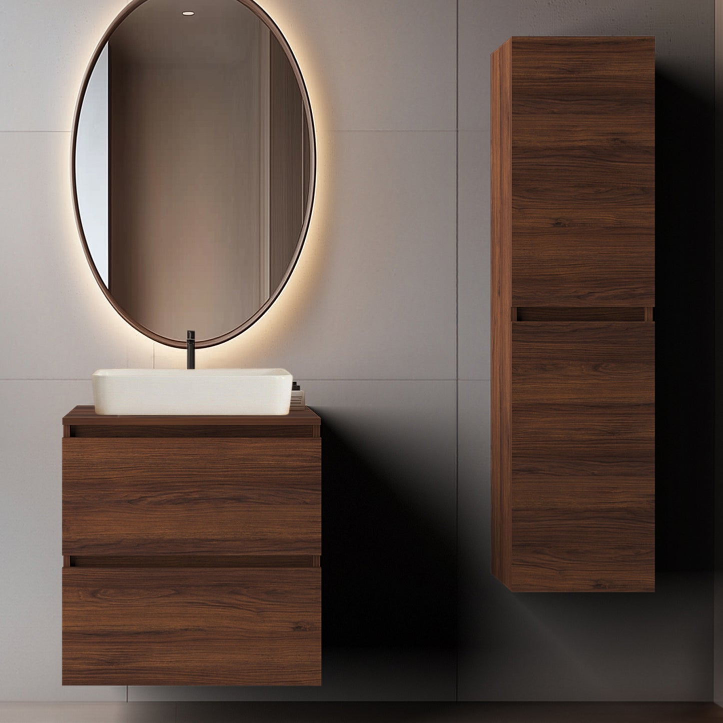 Simple Minimalist Bathroom Vanity Cabinets Set 60cm with Tall Unit & Worktop Basin - Walnut