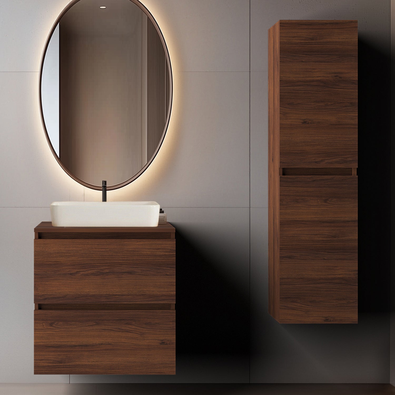 Simple Minimalist Bathroom Vanity Cabinets Set 60cm with Tall Unit & Worktop Basin - Walnut