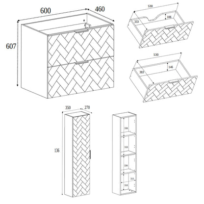 Trend Herringbone Pattern Door Bathroom Cabines Vanity Units Set with Worktop 60cm & 35cm - Black