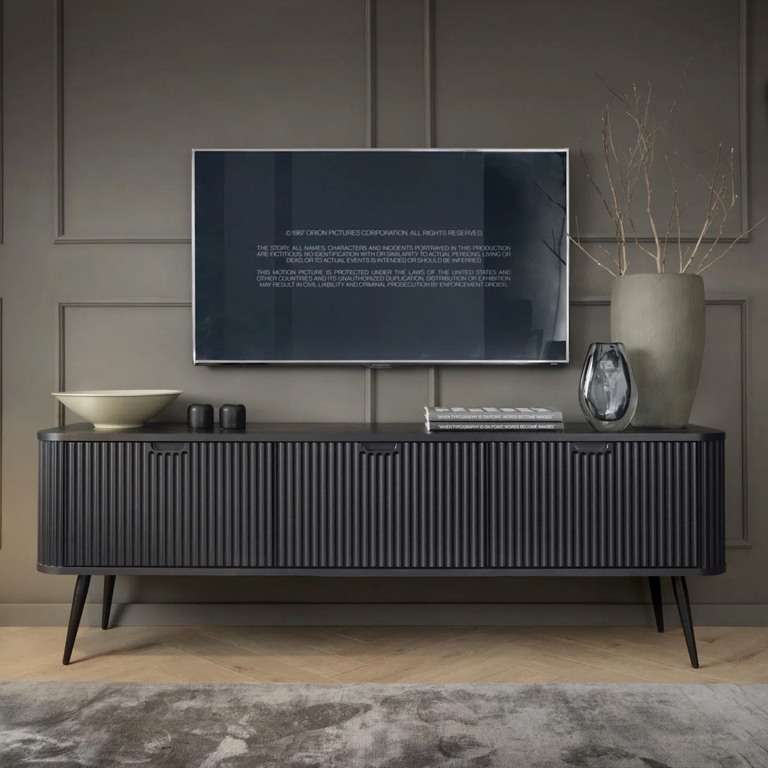 Signe Ribbed Elegant TV Unit - Black / Black Legs