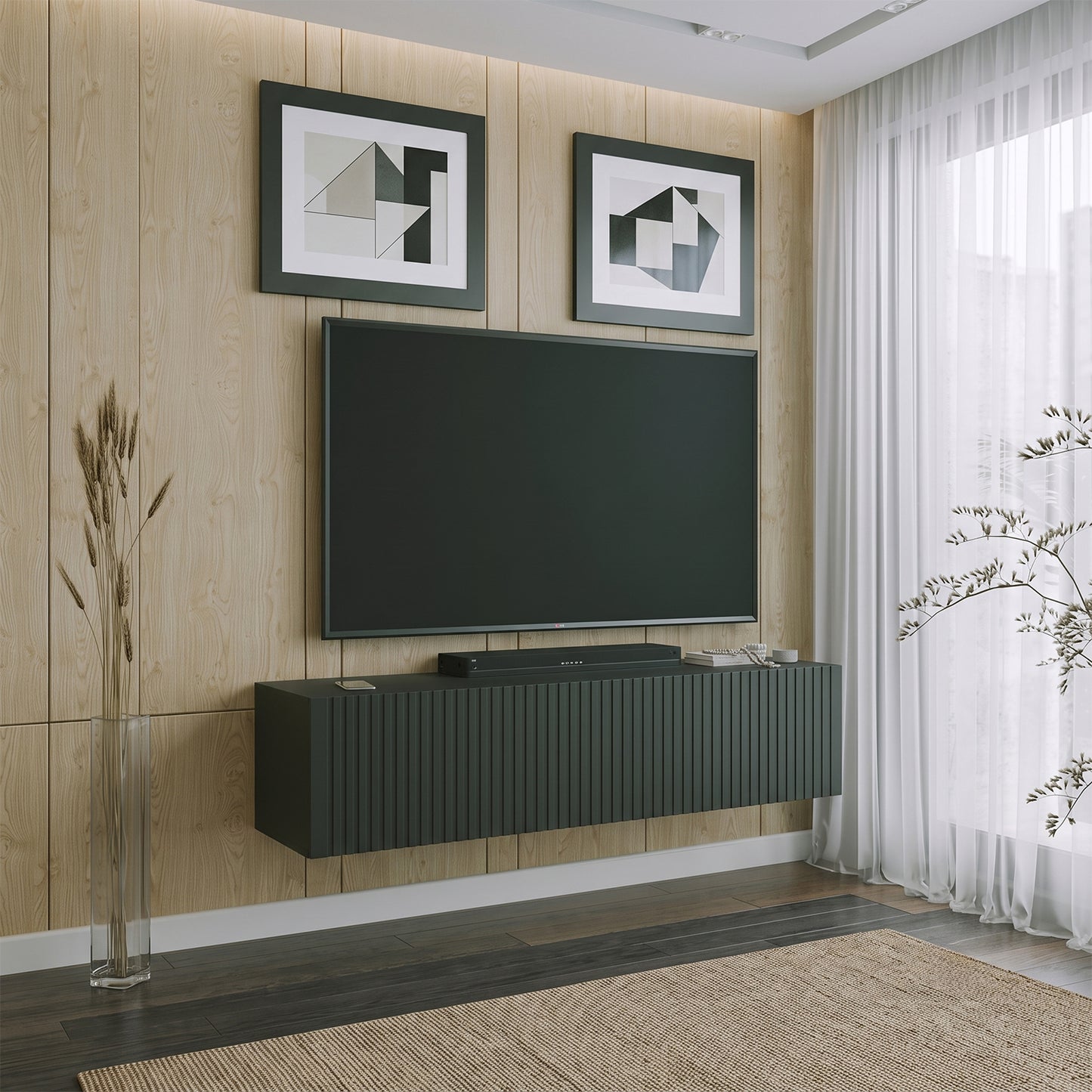 Joyce Wall Mounted TV Unit Modern Fluted Matt Finish 150cm - Black Matt