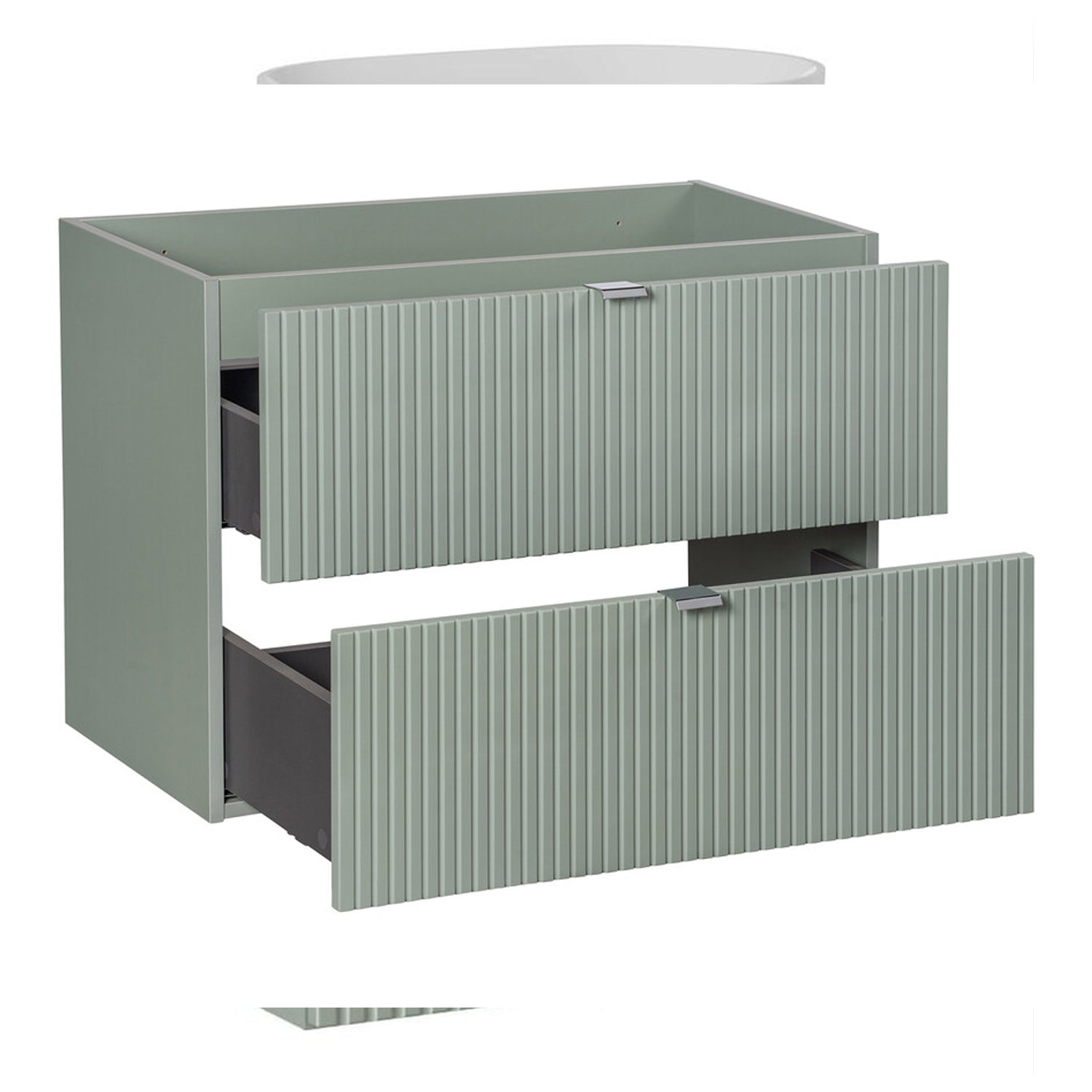 Line Reed Bathroom Wall Mounted 80cm Vanity Unit Set with Tall Cabinet and Worktop Basin - Sage / Oak