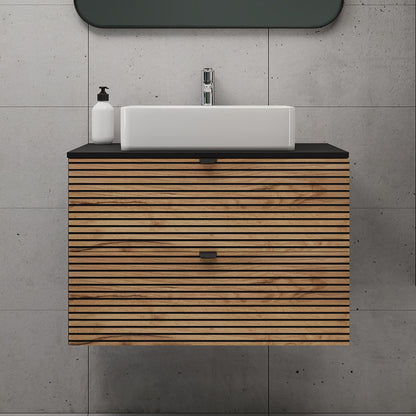 Loft Modern Style Ribbed Door 80cm Bathroom Cabinet Vanity Unit with Worktop - Gold Craft Oak