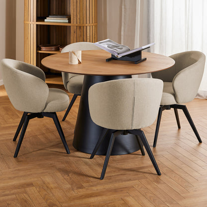 Bosco Dining Table Round Modern Steel Base & Wood Veneer - Natural Oak / Black