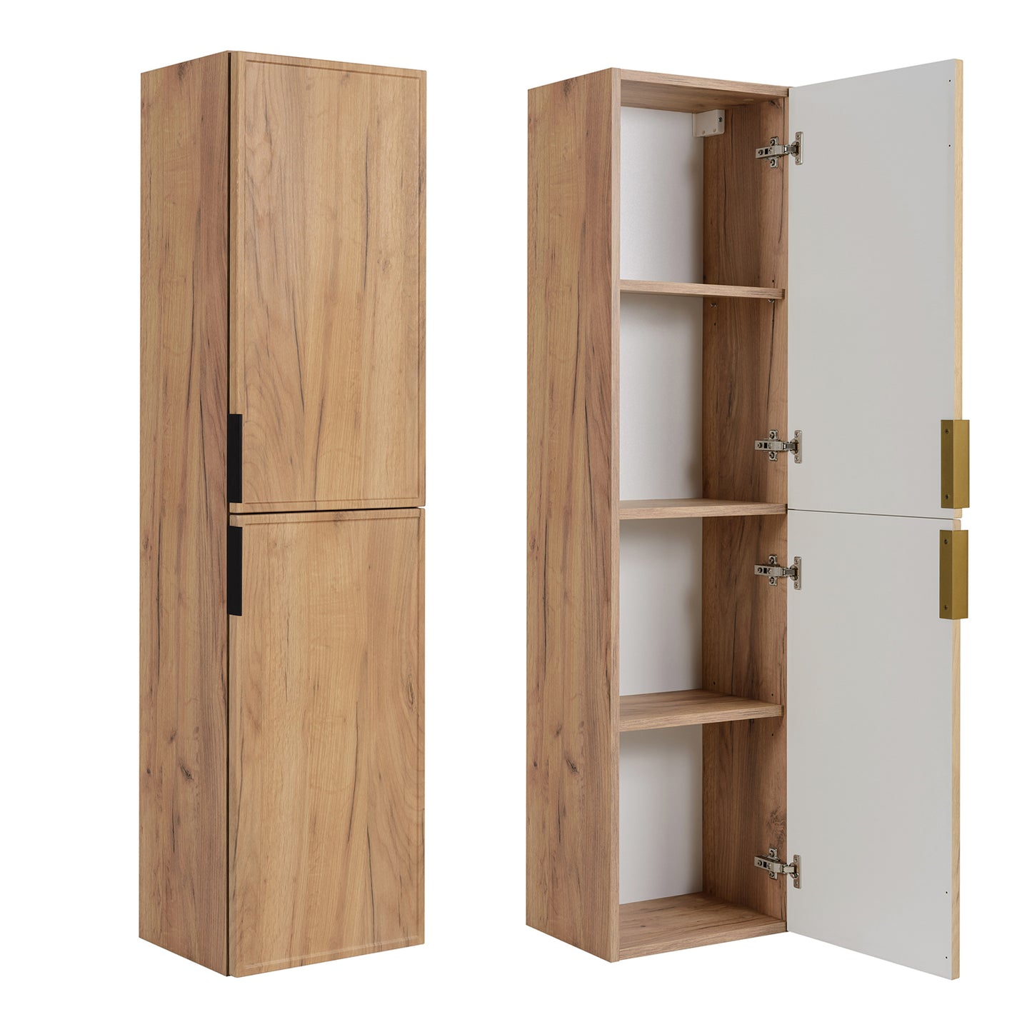 Simple Modern 2 Cabinets Set Vanity Unit 60cm with Worktop & Tall Cabinet 136cm - Gold Craft Oak