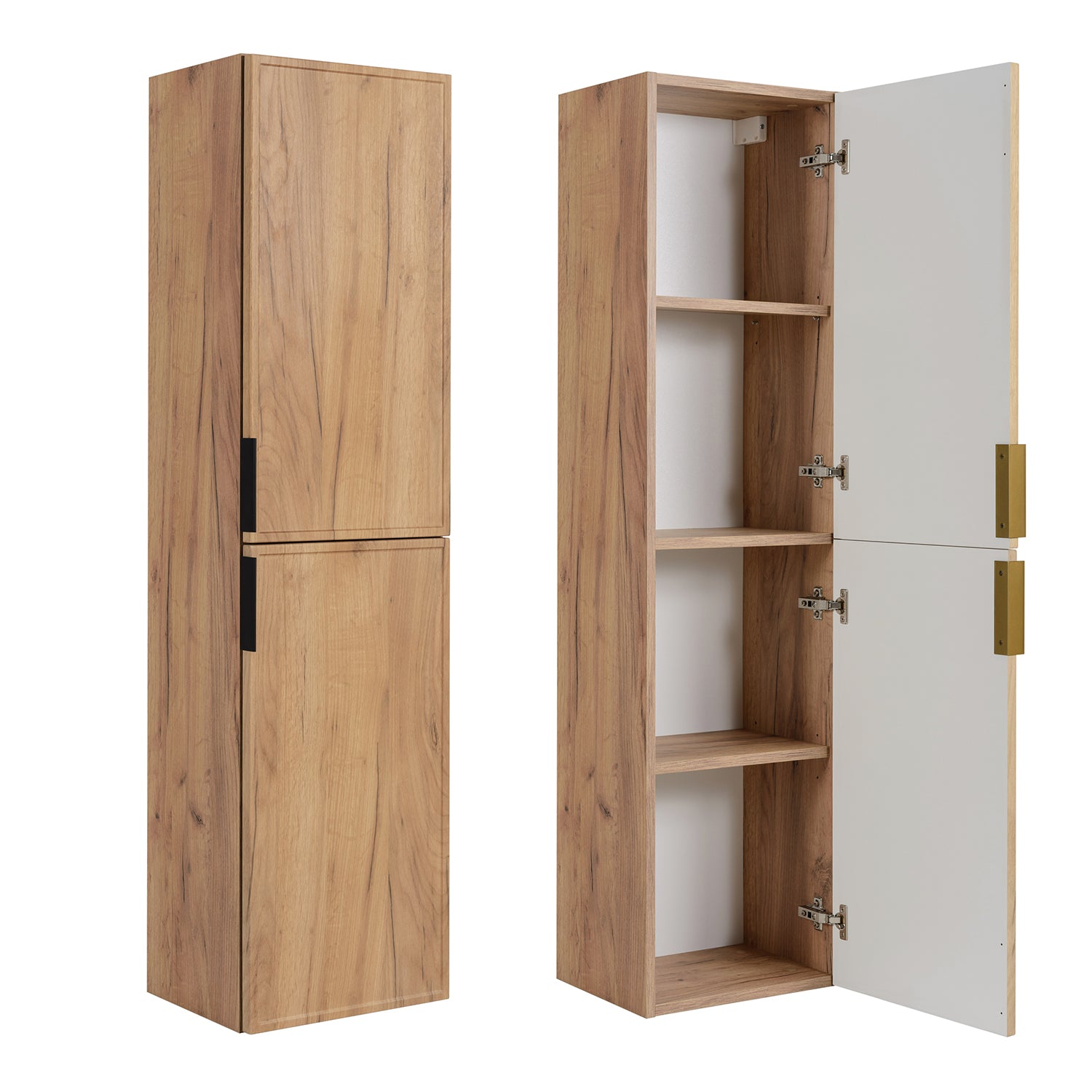 Simple Modern 2 Cabinets Set Vanity Unit 60cm with Worktop & Tall Cabinet 136cm - Gold Craft Oak