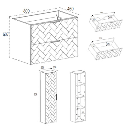 Trend Herringbone Pattern Door Bathroom Cabines Vanity Units Set with Worktop 80cm & 35cm - Black