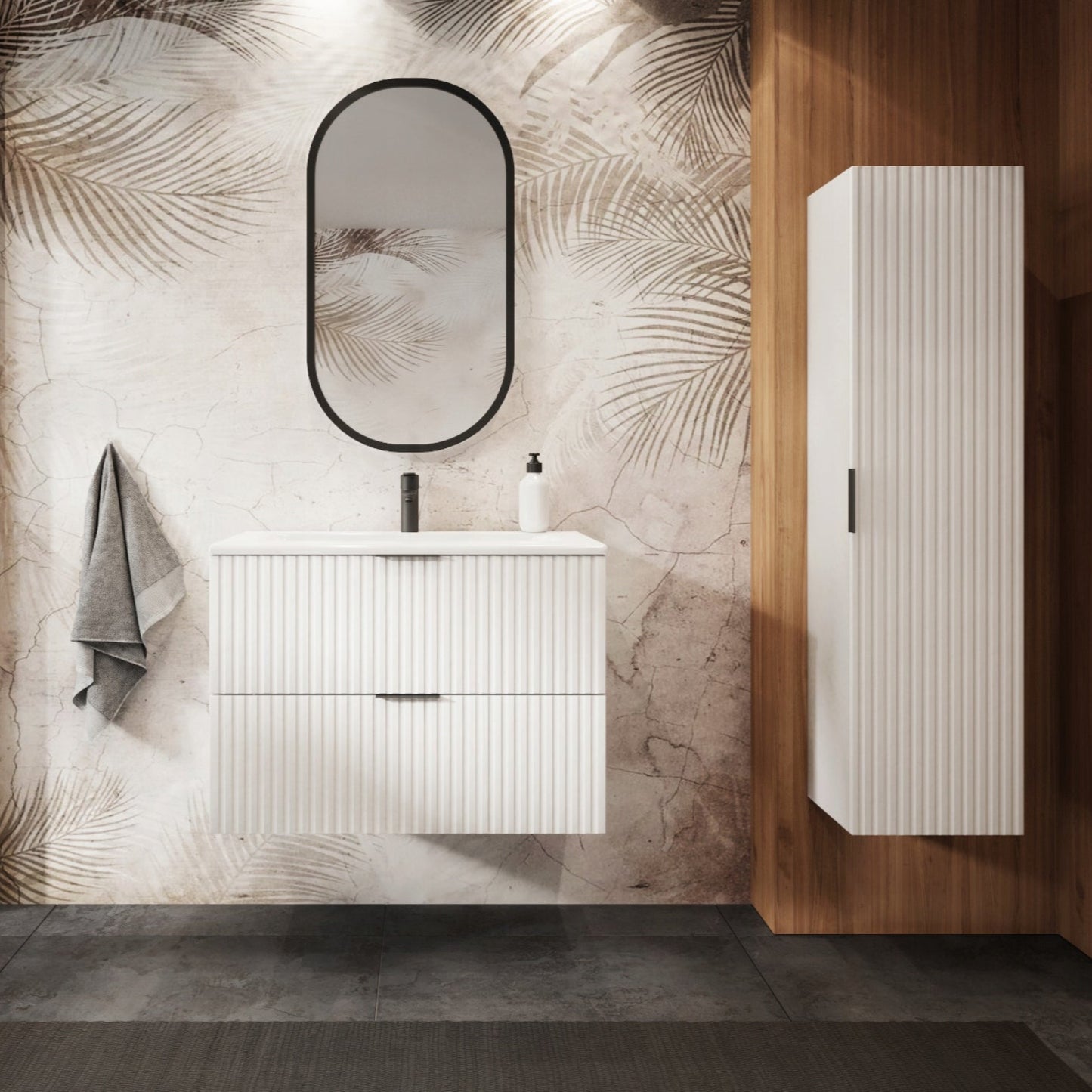 Flow Wall-Mounted 2 Drawer Bathroom Vanity Cabinet with Worktop 80cm - White / Gold Craft Oak