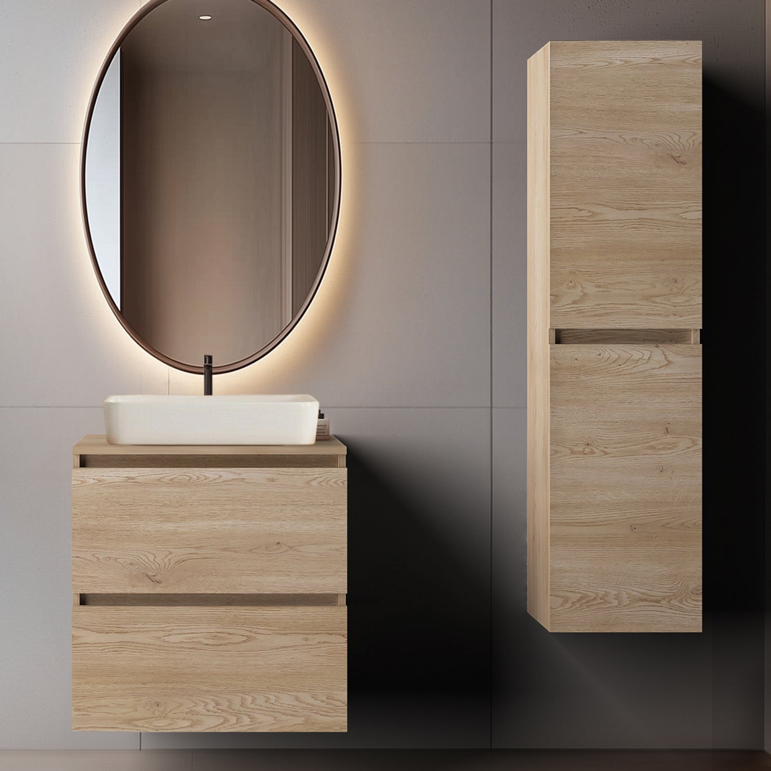 Simple Minimalist Bathroom Vanity Cabinets Set 60cm with Tall Unit & Worktop Basin - Light Oak