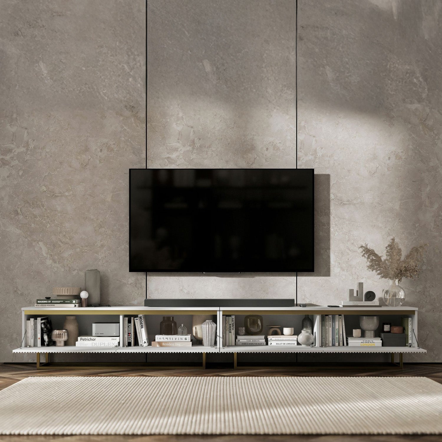 Selene Modern Ribbed-Texture Wide TV Unit with Storage - White / Gold Frame