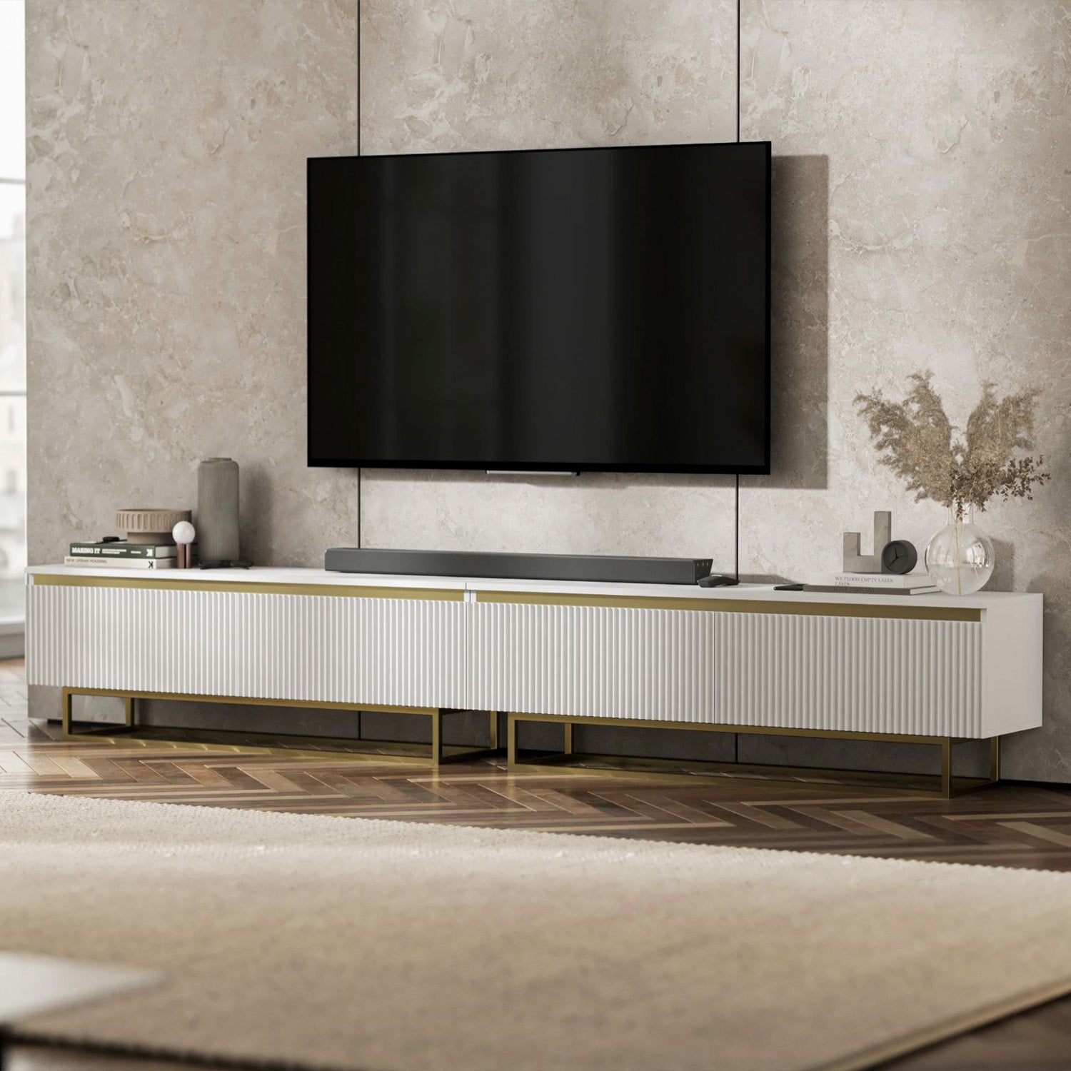 Selene Modern Ribbed-Texture Wide TV Unit with Storage - White / Gold Frame