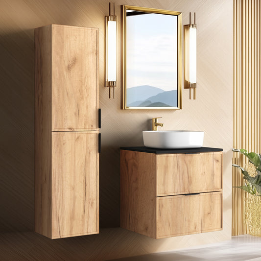 Simple Modern 2 Cabinets Set Vanity Unit 60cm with Worktop & Tall Cabinet 136cm - Gold Craft Oak