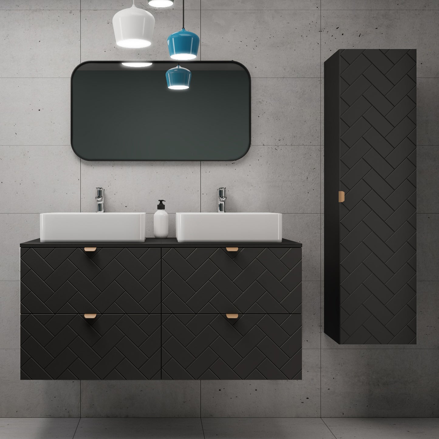 Trend Herringbone Pattern Door Bathroom Cabines Vanity Units Set with Worktop 120cm & 35cm - Black