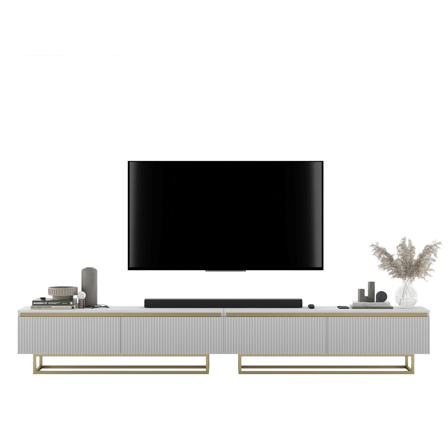 Selene Modern Ribbed-Texture Wide TV Unit with Storage - White / Gold Frame