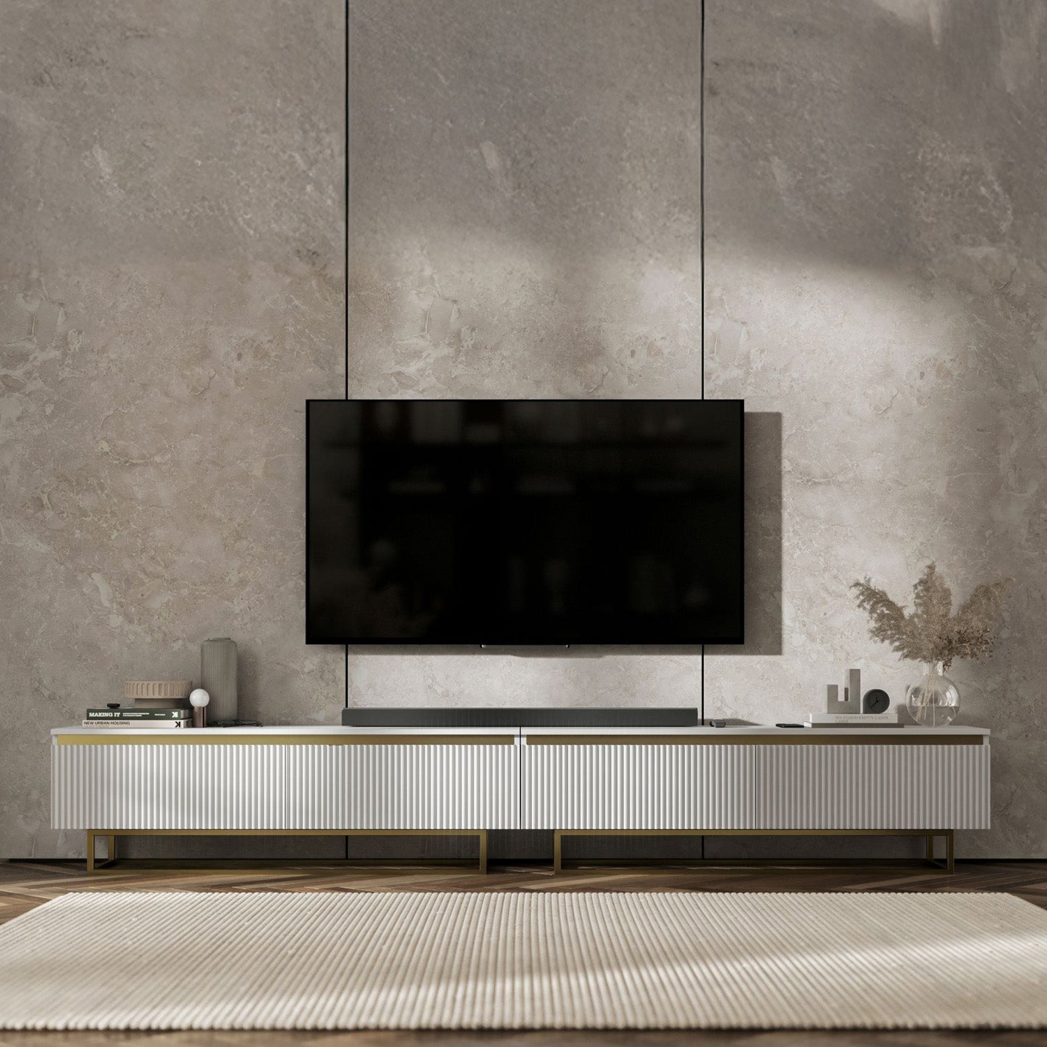 Selene Modern Ribbed-Texture Wide TV Unit with Storage - White / Gold Frame