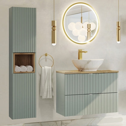Line Reed Bathroom Wall Mounted 80cm Vanity Unit Set with Tall Cabinet and Worktop Basin - Sage / Oak