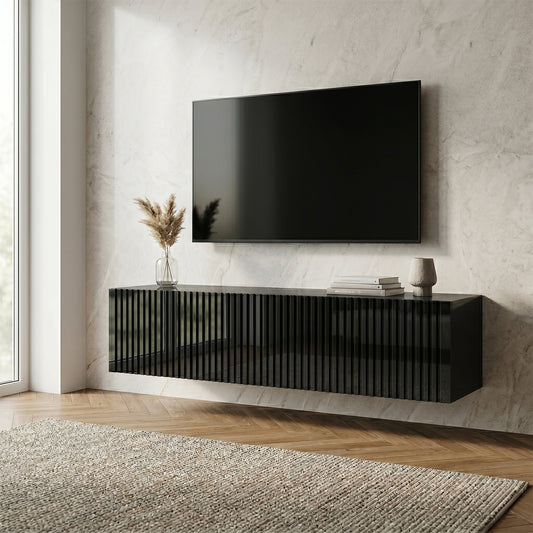 Joyce Wall Mounted TV Unit Modern Fluted Gloss Finish 150cm - Black Gloss