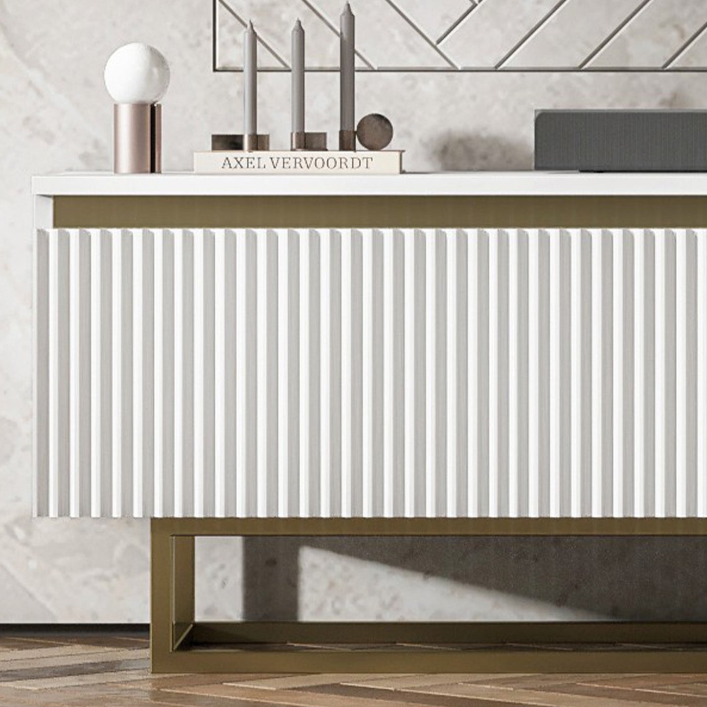 Selene Modern Ribbed-Texture Wide TV Unit with Storage - White / Gold Frame