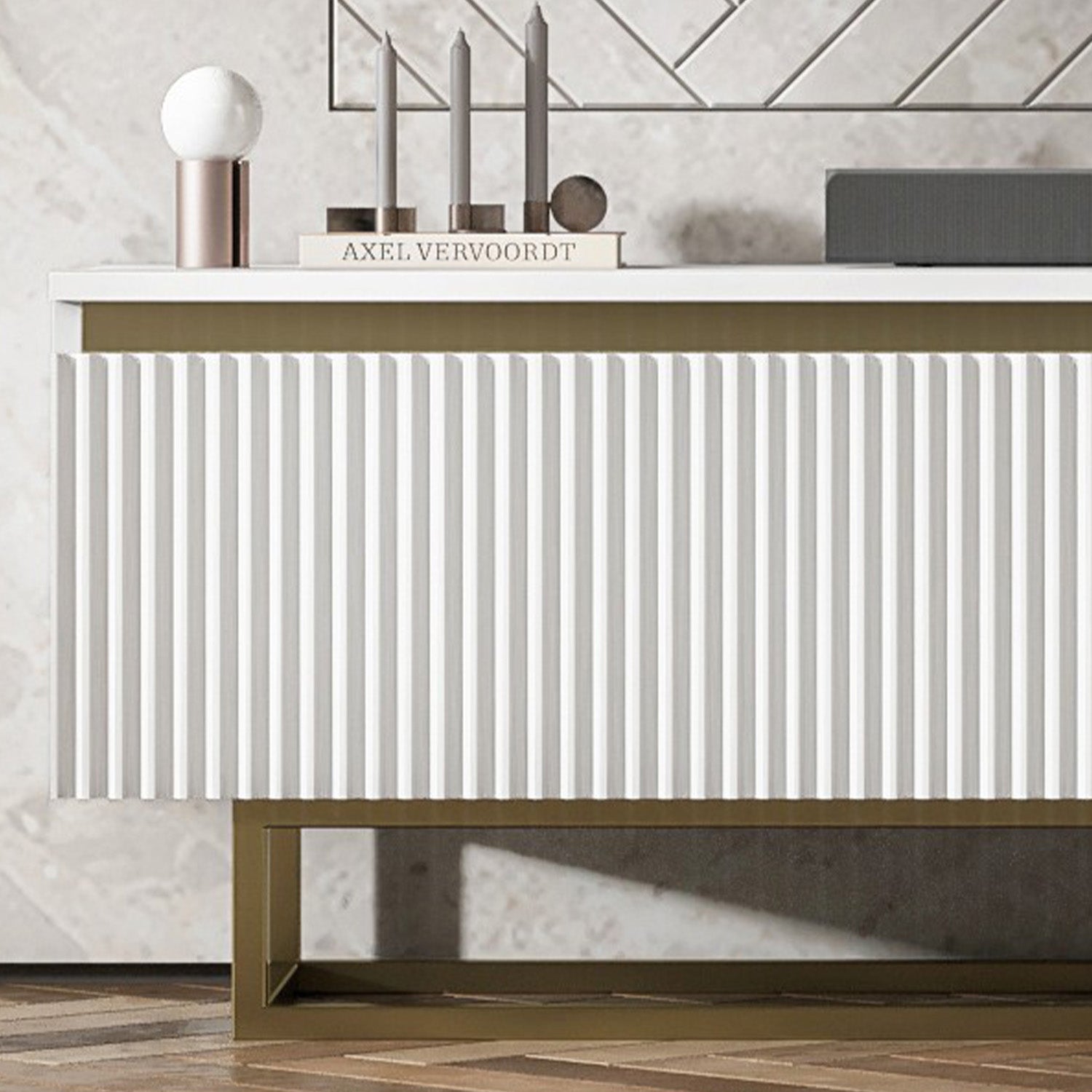 Selene Modern Ribbed-Texture Wide TV Unit with Storage - White / Gold Frame