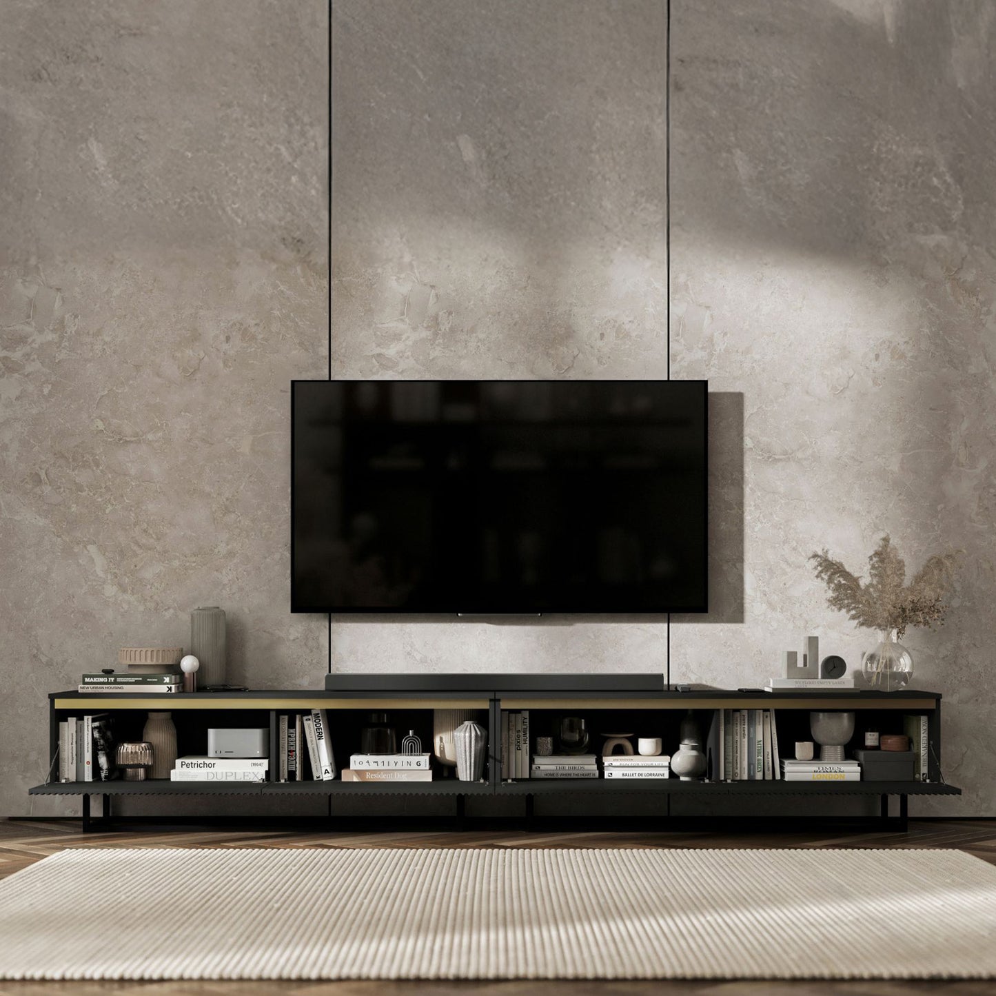 Selene Modern Ribbed-Texture Wide TV Unit with Storage - Black