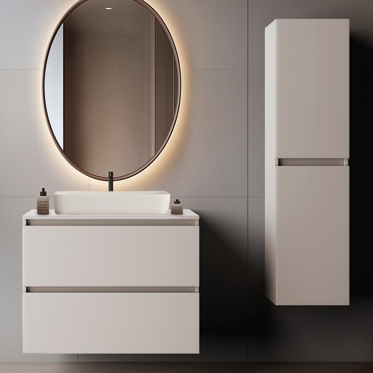 Simple Minimalist Bathroom Vanity Cabinets Set 80cm with Tall Unit & Worktop Basin - Cashmere
