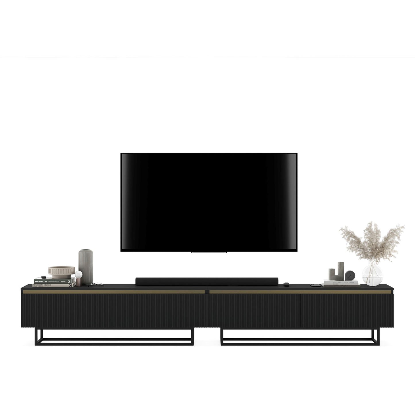 Selene Modern Ribbed-Texture Wide TV Unit with Storage - Black