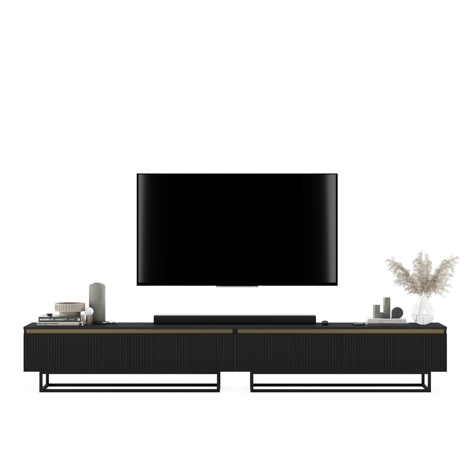 Selene Modern Ribbed-Texture Wide TV Unit with Storage - Black