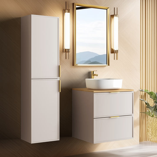 Simple Modern 2 Cabinets Set Vanity Unit 60cm with Worktop & Tall Cabinet 136cm - Cashmere