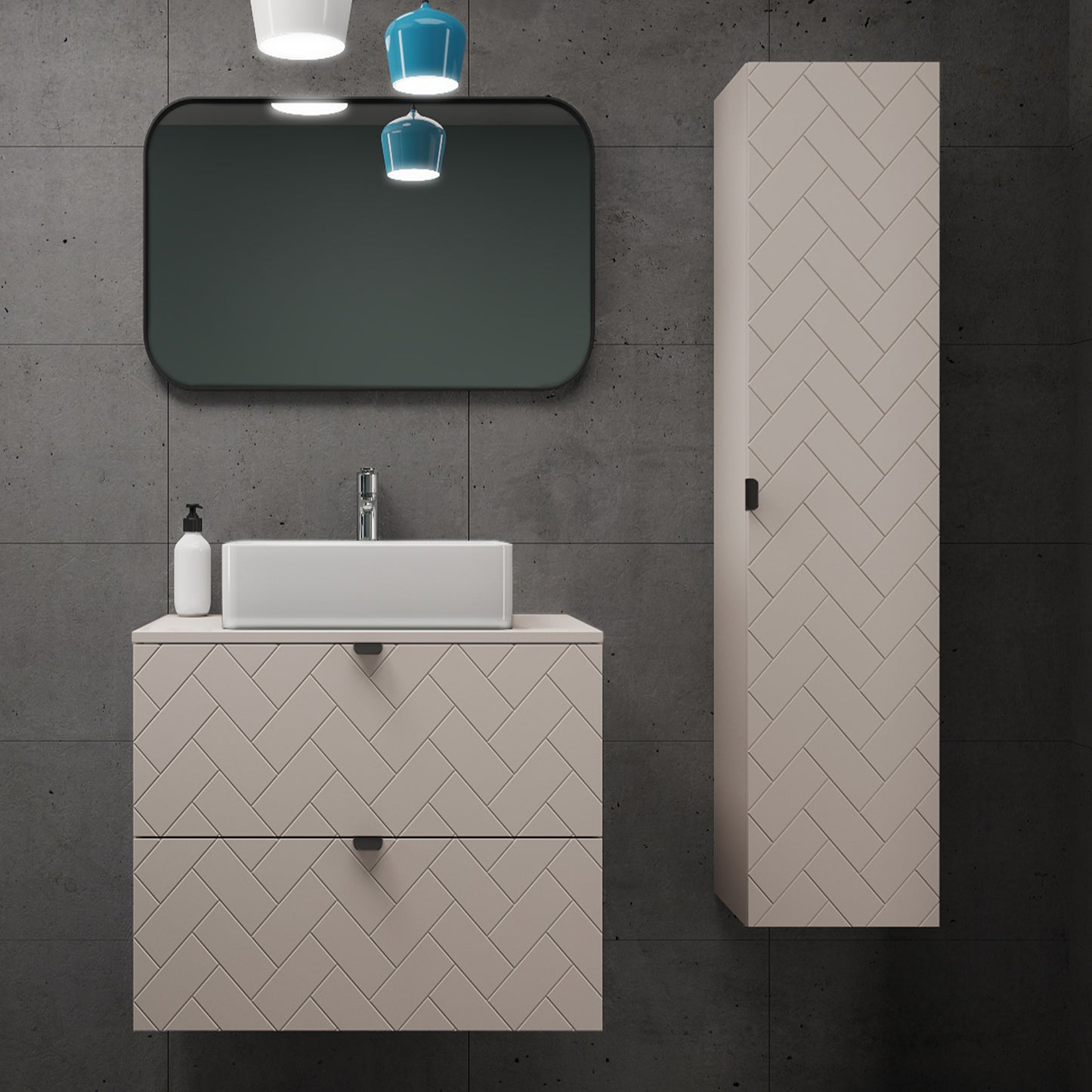 Trend Herringbone Pattern Door Bathroom Cabines Vanity Units Set with Worktop 60cm & 35cm - Cashmere