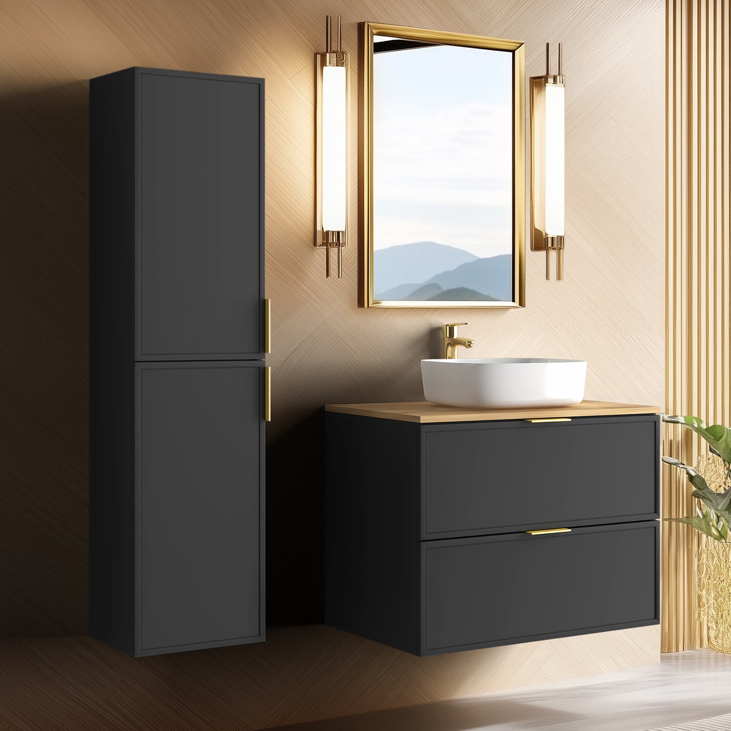 Simple Modern 2 Cabinets Set Vanity Unit 80cm with Worktop & Tall Cabinet 136cm - Anthracite
