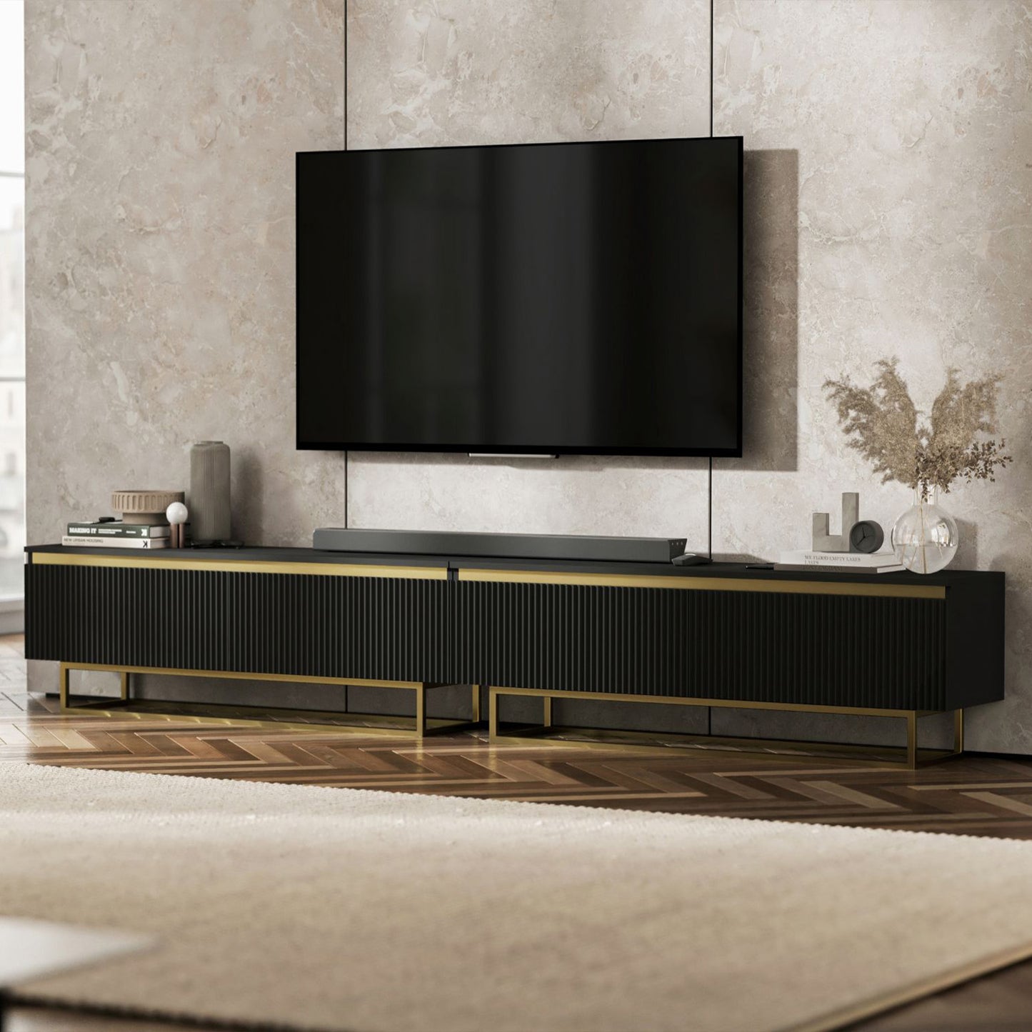 Selene Modern Ribbed-Texture Wide TV Unit with Storage - Black / Gold Frame