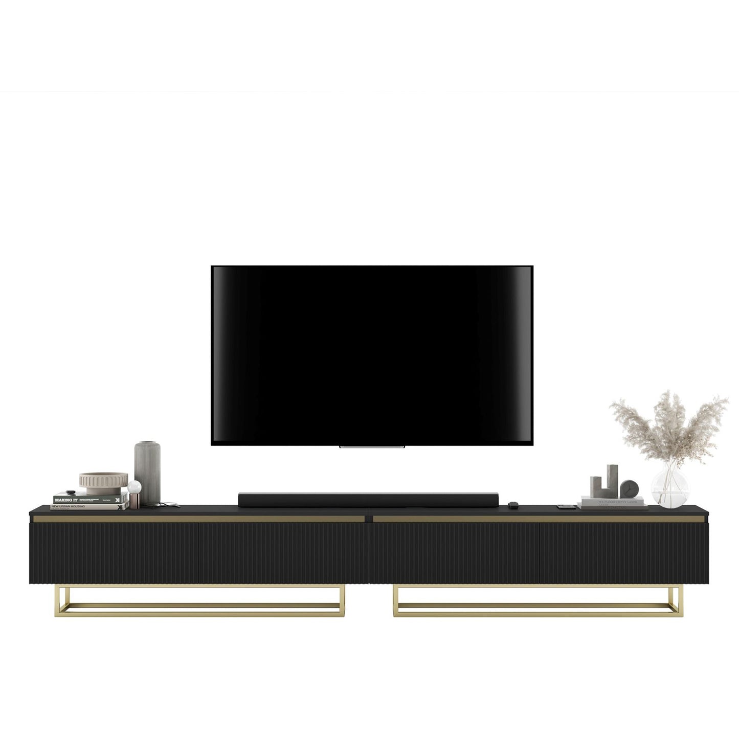 Selene Modern Ribbed-Texture Wide TV Unit with Storage - Black / Gold Frame
