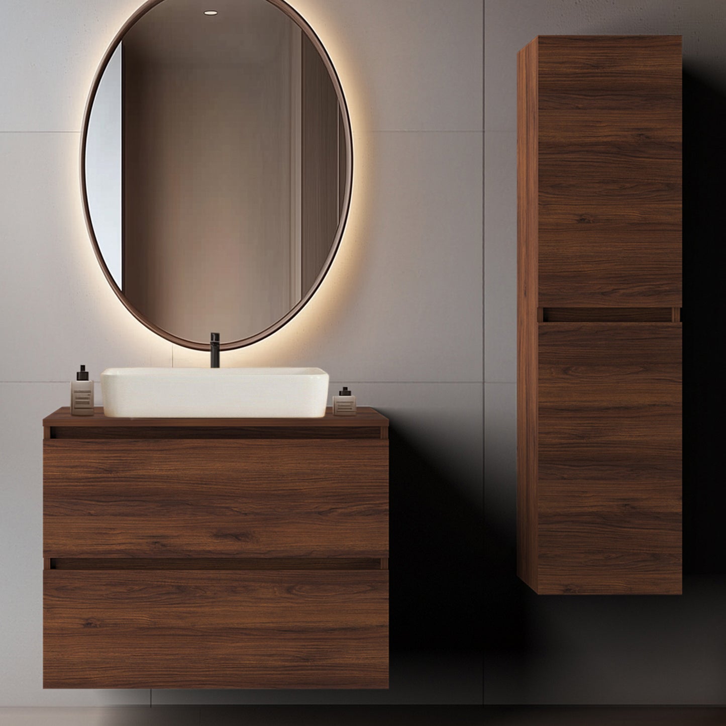 Simple Minimalist Bathroom Vanity Cabinets Set 80cm with Tall Unit & Worktop Basin - Walnut