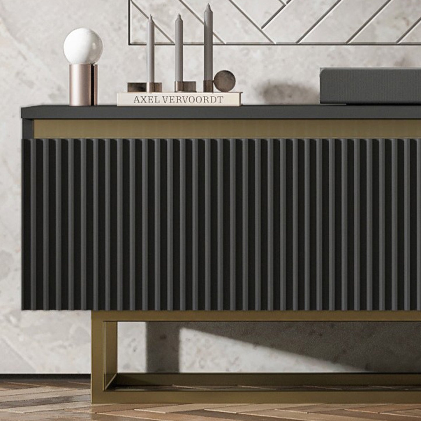 Selene Modern Ribbed-Texture Wide TV Unit with Storage - Black / Gold Frame