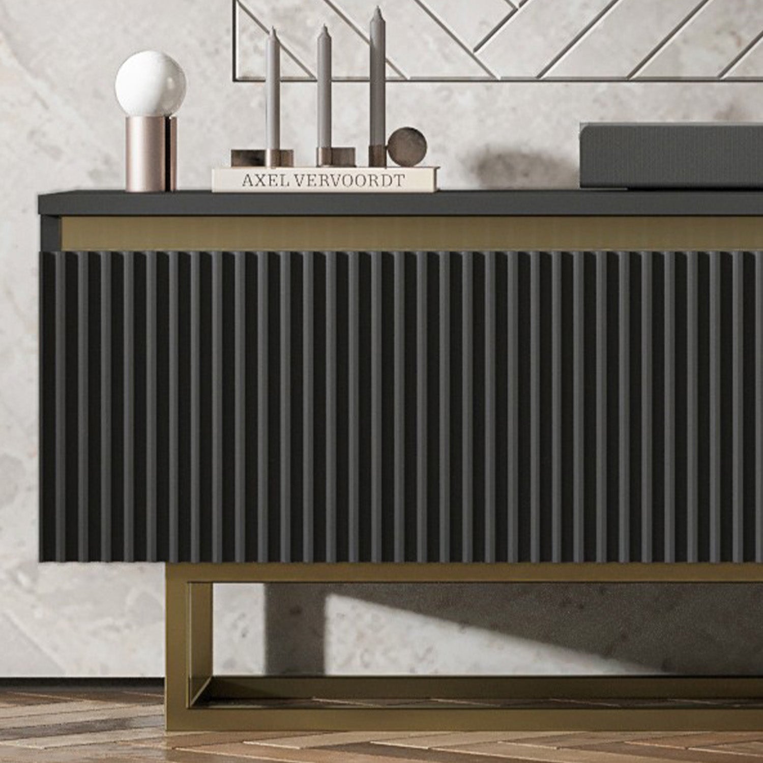 Selene Modern Ribbed-Texture Wide TV Unit with Storage - Black / Gold Frame