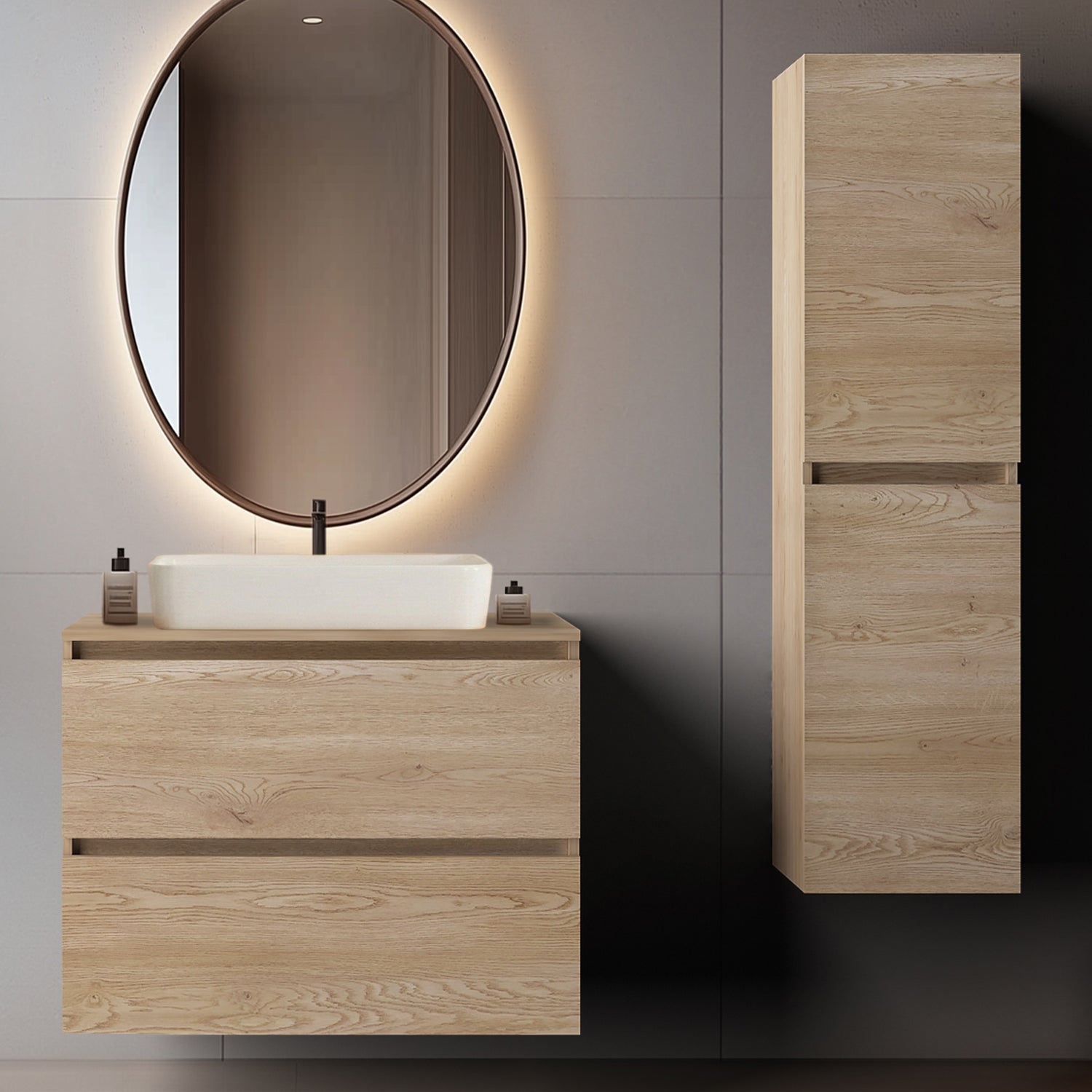 Simple Minimalist Bathroom Vanity Cabinets Set 80cm with Tall Unit & Worktop Basin - Light Oak