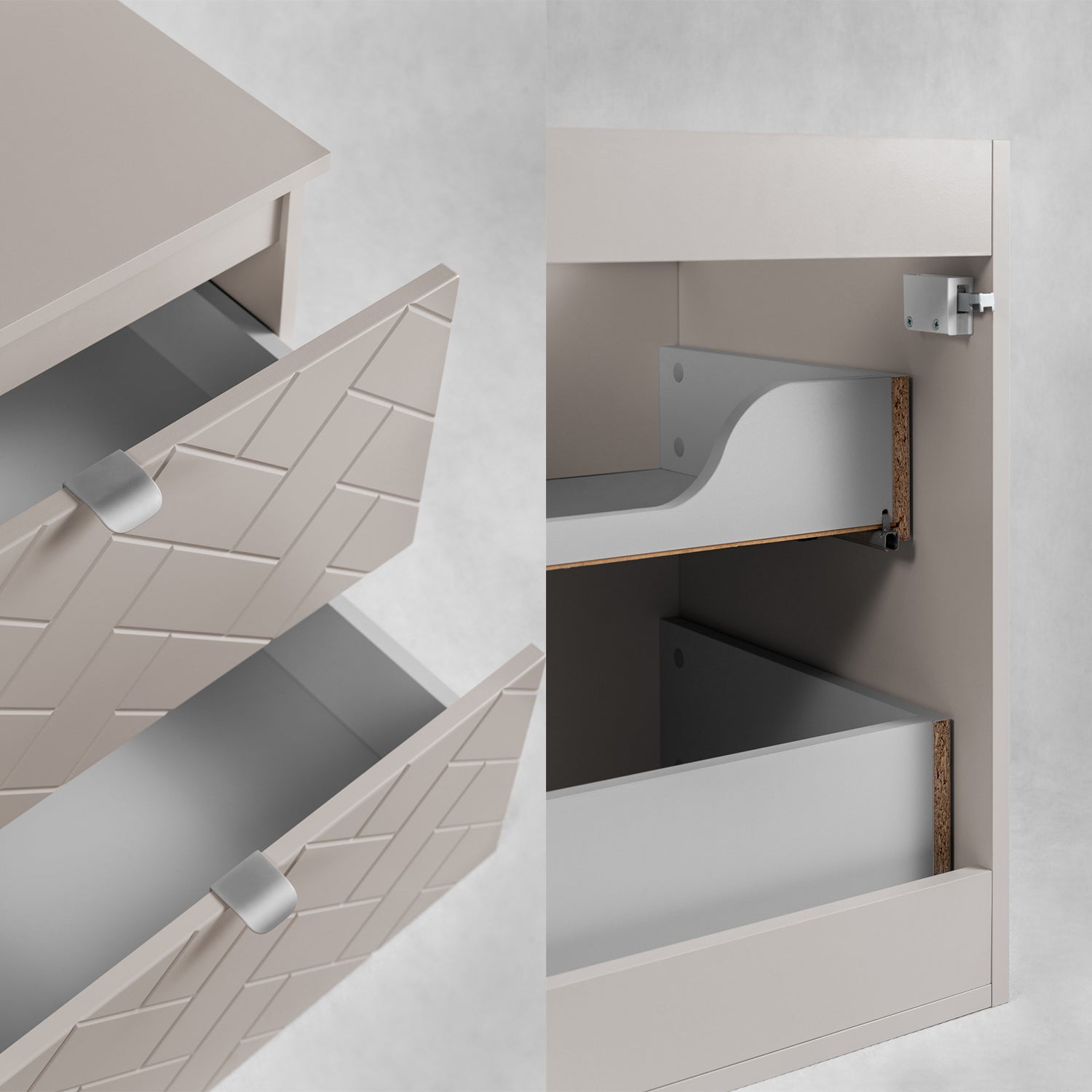 Trend Herringbone Pattern Door Bathroom Cabines Vanity Units Set with Worktop 80cm & 35cm - Cashmere