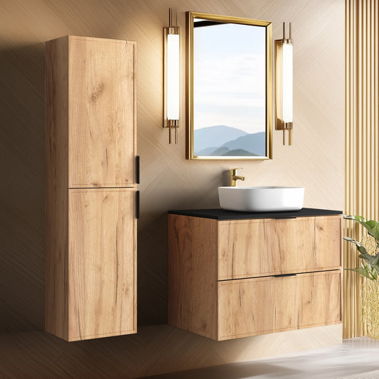 Simple Modern 2 Cabinets Set Vanity Unit 80cm with Worktop & Tall Cabinet 136cm - Gold Craft Oak